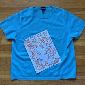 Lands End baby robins egg blue Easter cashmere short sleeve sweater preppy L